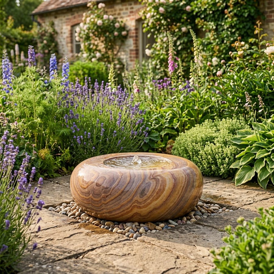Curved sandstone bowl water feature with shallow water film and goldfinch drinking from the rim