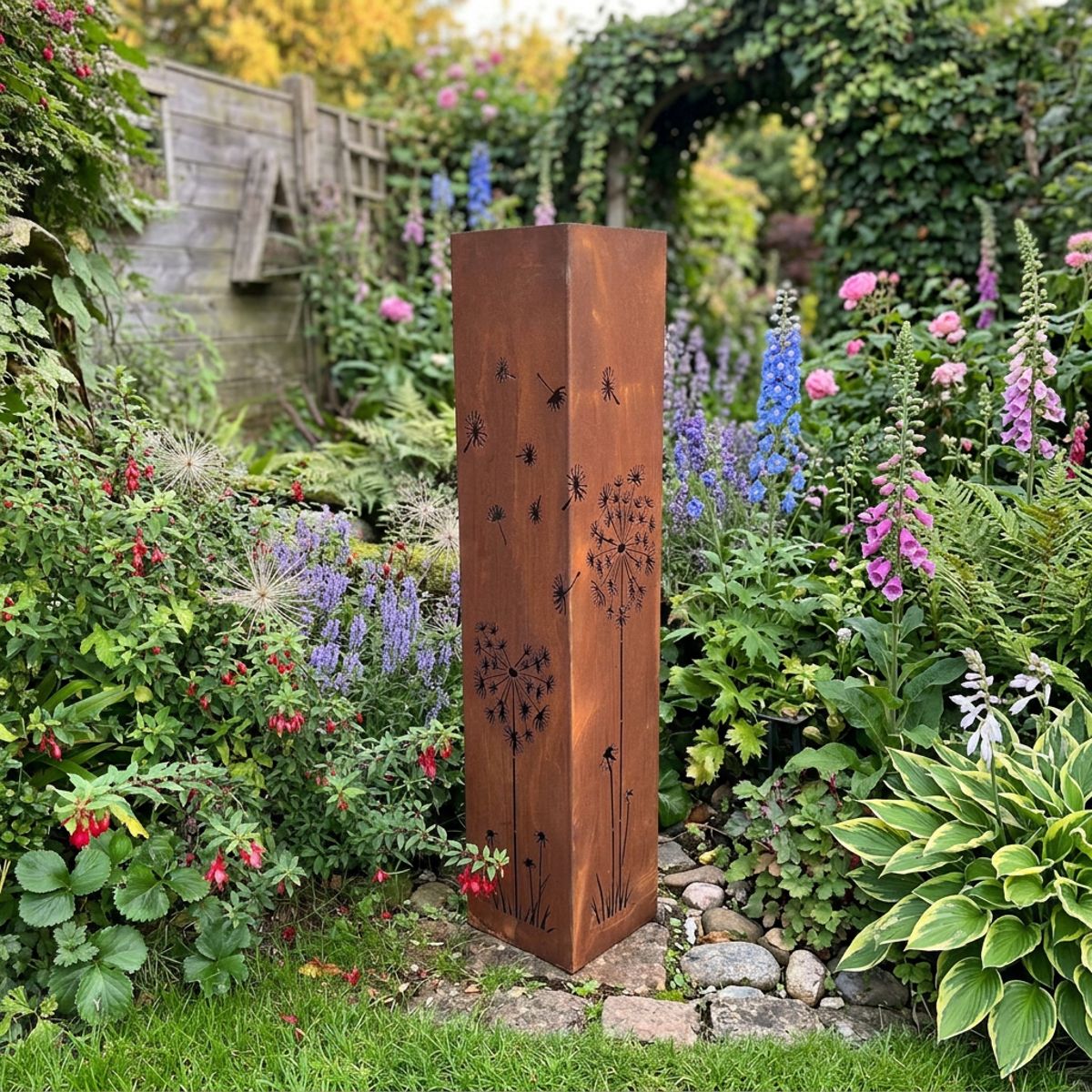 Dandelion Steel Decorative Garden Column in a cottage garden setting