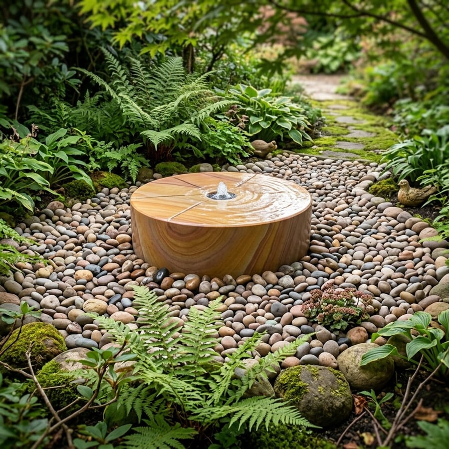 Large Mill Wheel Rainbow Sandstone water feature in a UK woodland garden with ferns and hostas
