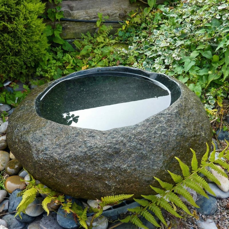 Natural basin stone bird bath with rustic finish in a UK woodland garden setting