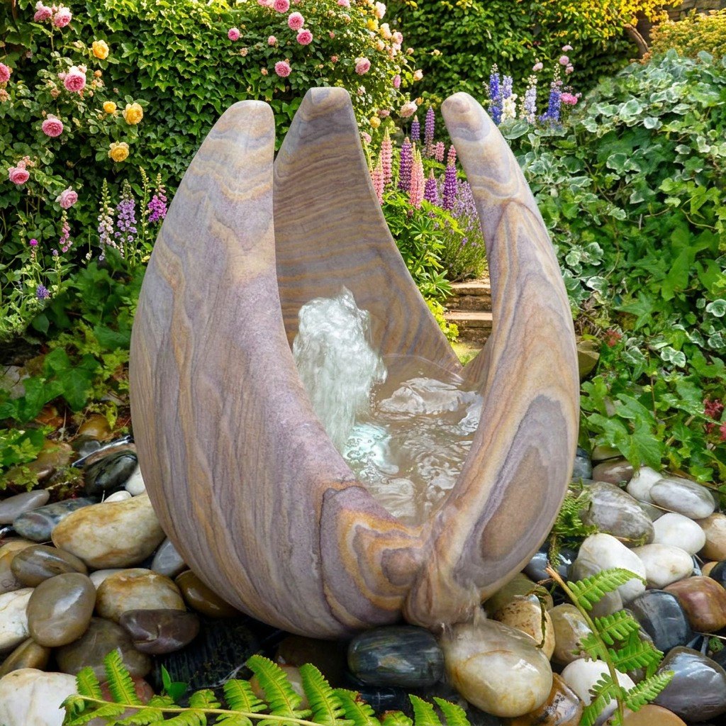 Babbling Lily rainbow sandstone water feature in a UK garden showing textured stone landing edges and shallow water suitable for birds and bees