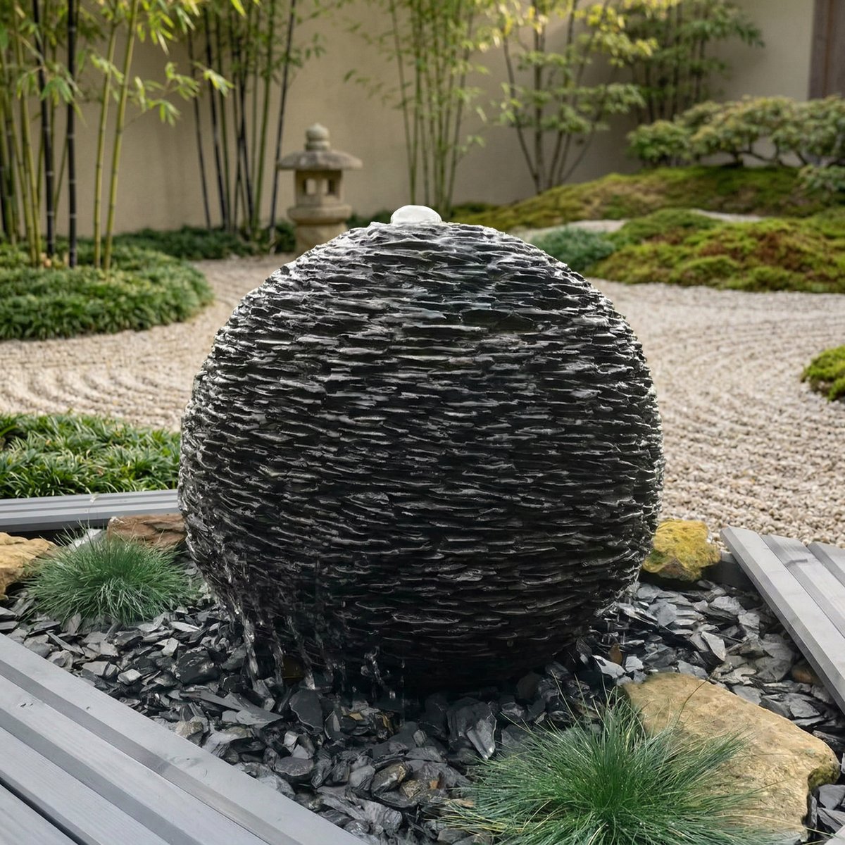 Slate Sphere garden water feature 50cm with natural cleft slate surface providing grip for drinking bees and bathing birds in a UK garden