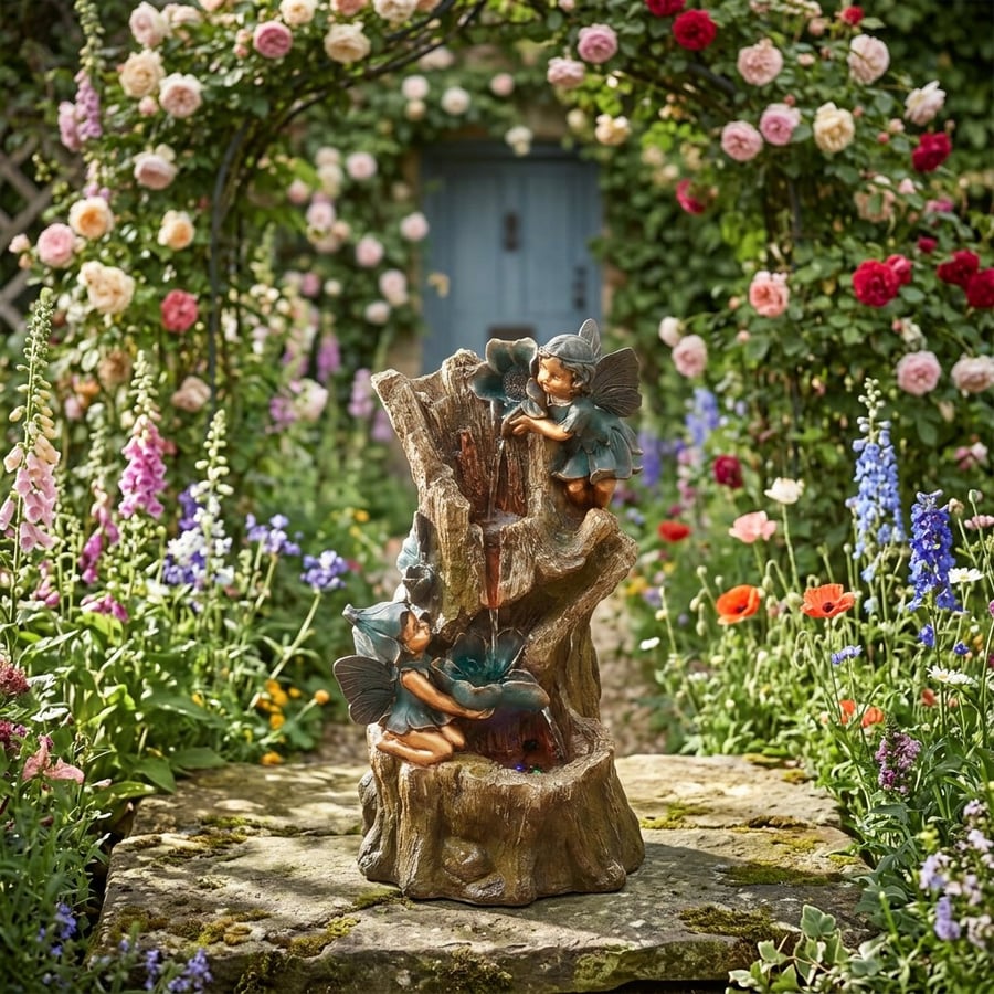 Fairyland self-contained water feature, a small cottage-style cherub fountain in a UK garden