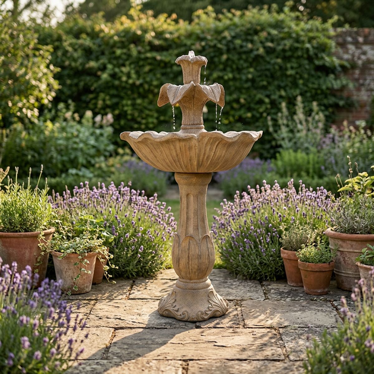 Floral Tiered Solar Water Feature in a spring garden setting