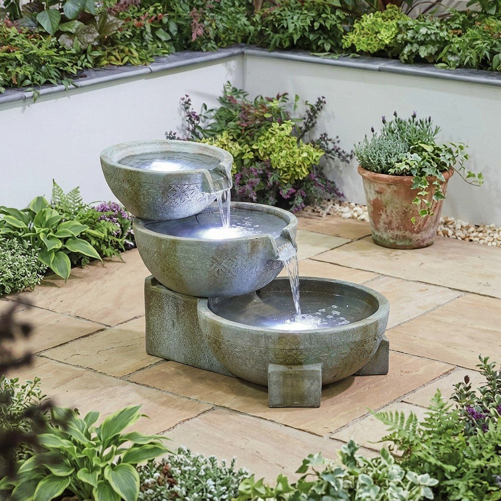 Tiered Flowing Bowls cascading water feature on stone paving in a UK garden, sized to attract birds and pollinators with multiple shallow drinking levels