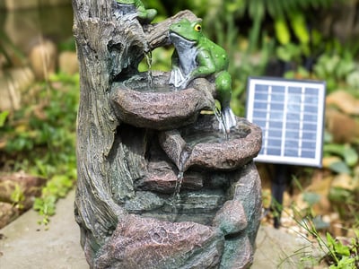 Froggy Falls small solar character water feature for a tiny garden