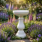 Georgian Bird Bath in White in a cottage garden setting