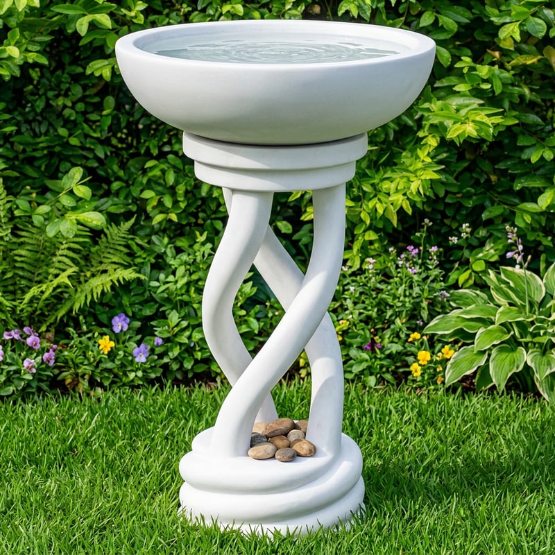 Spiral white polystone bird bath with sculptural pedestal in a UK contemporary garden