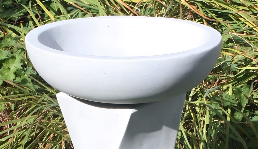 Twisted Granite pedestal bird bath placed in a UK garden with morning sun and shrub cover at safe distance