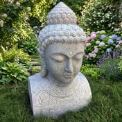 Champa Head Bust Garden Ornament in Flower Garden Setting