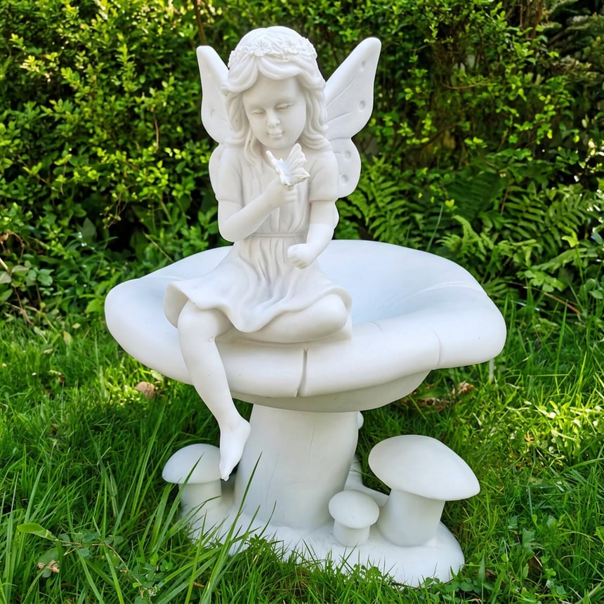 Fairy on a Toadstool garden ornament in bright white finish among flowers in a UK border, a charming gift for her