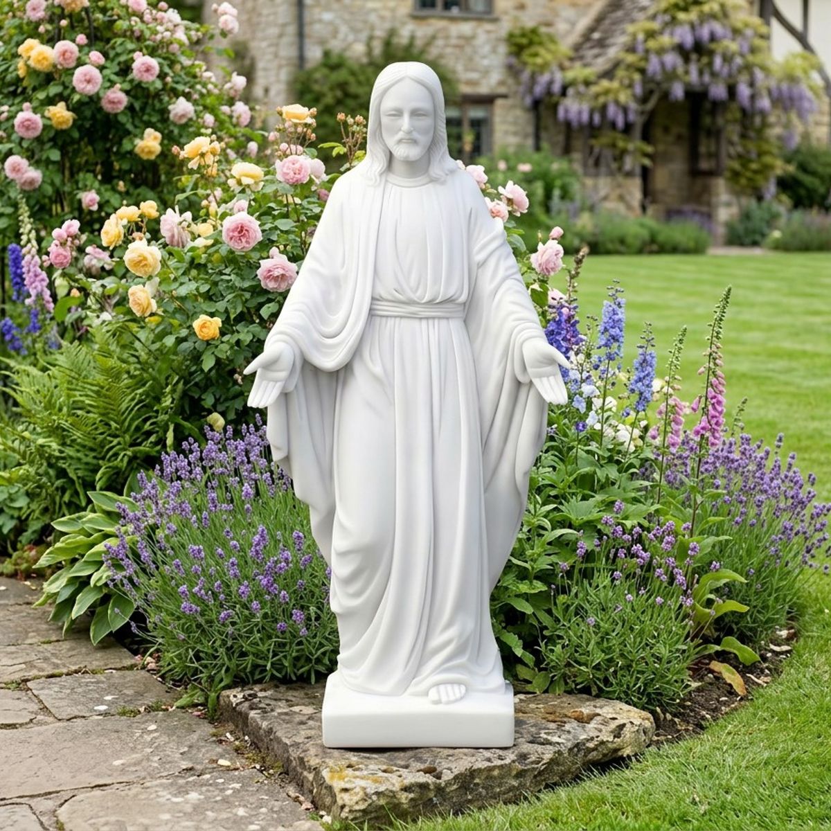 Jesus garden statue in a cottage garden with greenery behind