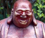 Laughing Buddha Garden Statue in Red