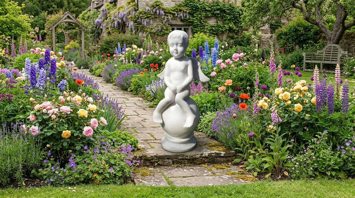 Patient cherub garden statue resting on a stone base in a cottage garden