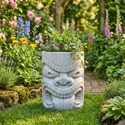 Tiki Head Granite Planter in Cottage Garden Setting