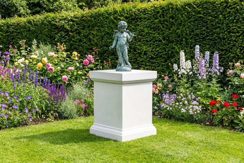 Large Victorian plinth in white finish displaying a garden ornament in a formal garden