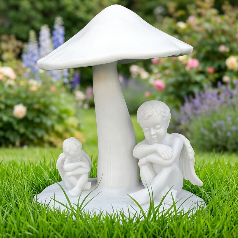 Sheltering cherubs garden statue with two cherubs huddled under a stone toadstool