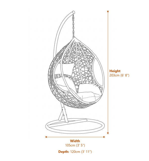 Goa White Rattan Effect Hanging Chair with Grey Cushions Dimensions Diagram