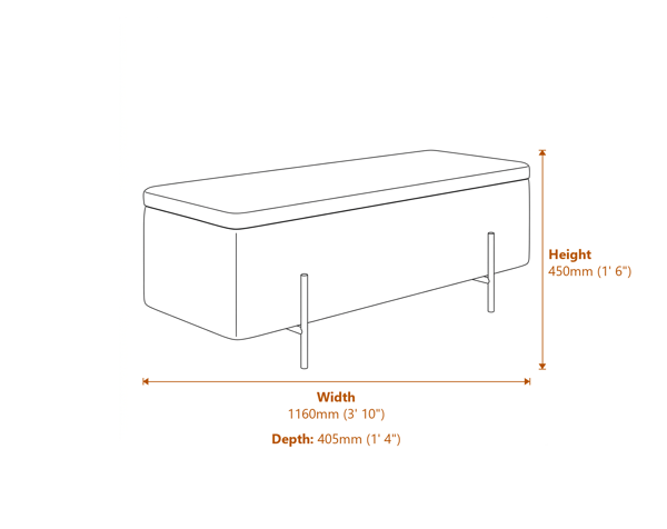 Lola Storage Ottoman Beige Velvet Brushed Gold Dimensions Diagram
