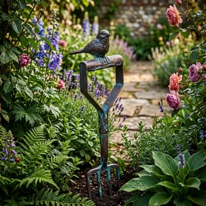 Bird on a fork metal garden ornament perched in a UK flower border