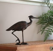 Egret Metal Garden Ornament original indoor photo with aged verde bronze patina