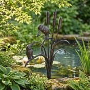 Pair of Kingfishers Metal Garden Ornament beside a garden pond