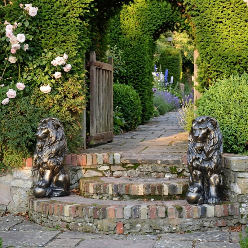 Lion with ball metal garden ornament at a UK garden entrance