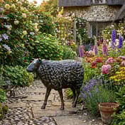 Sheep Metal Garden Ornament in a Cottage Garden Setting