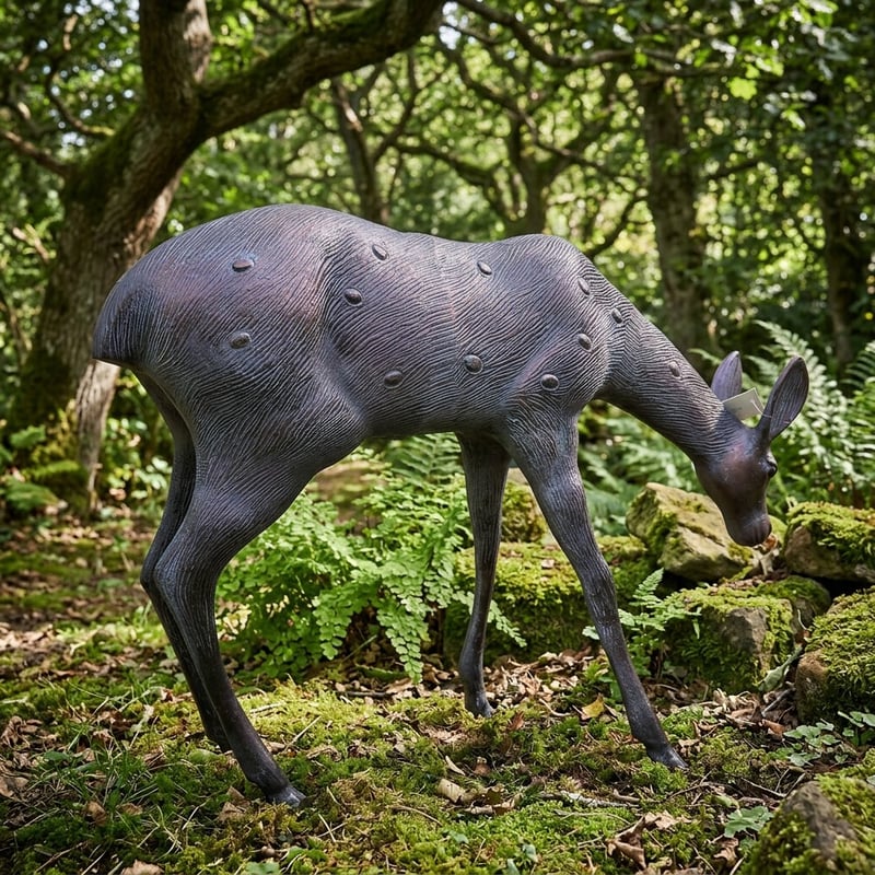 Grazing doe garden sculpture in a woodland setting, head lowered to feed