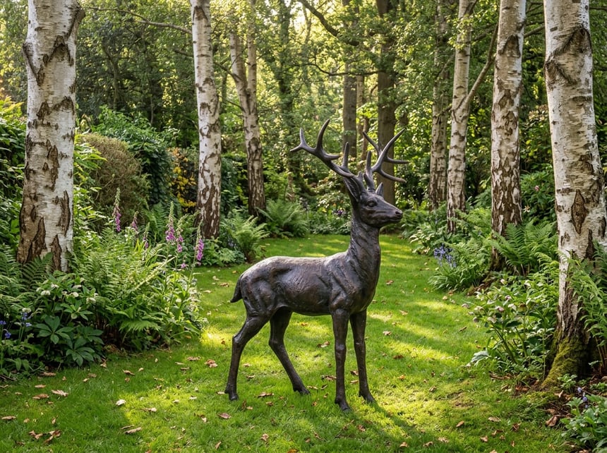 Large stag buck garden sculpture in aged bronze cast aluminium standing in a woodland-edge UK garden