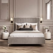 berkeley mink grey upholstered bed dressed bedroom
