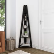 tiva black oak corner ladder bookcase room view