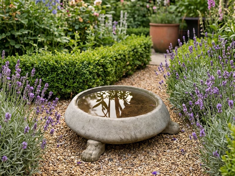 Georgian Stone Birdbath in cottage garden setting attracting British garden birds