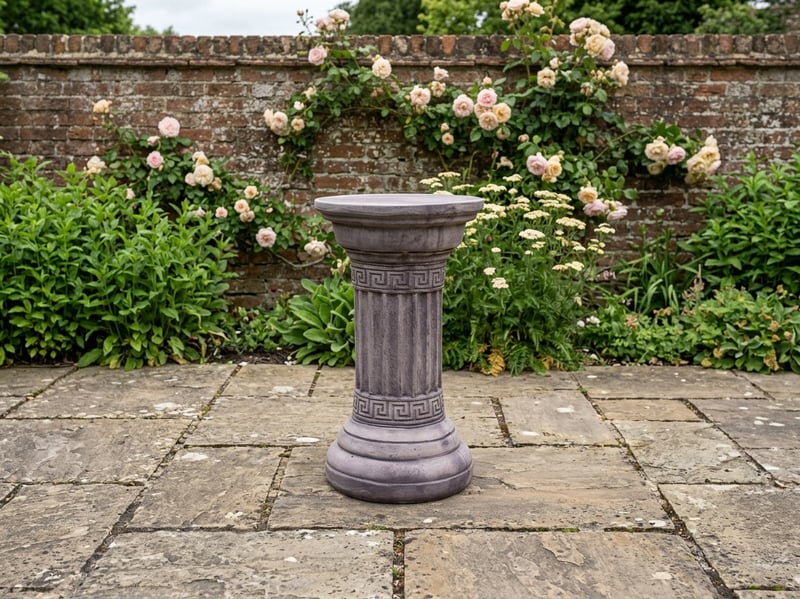 Classical column stone garden pedestal in a walled garden setting with climbing roses