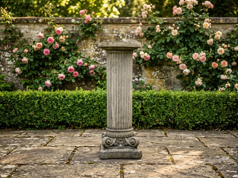 Corinthian column stone garden pedestal with ornate carved capital in a formal garden