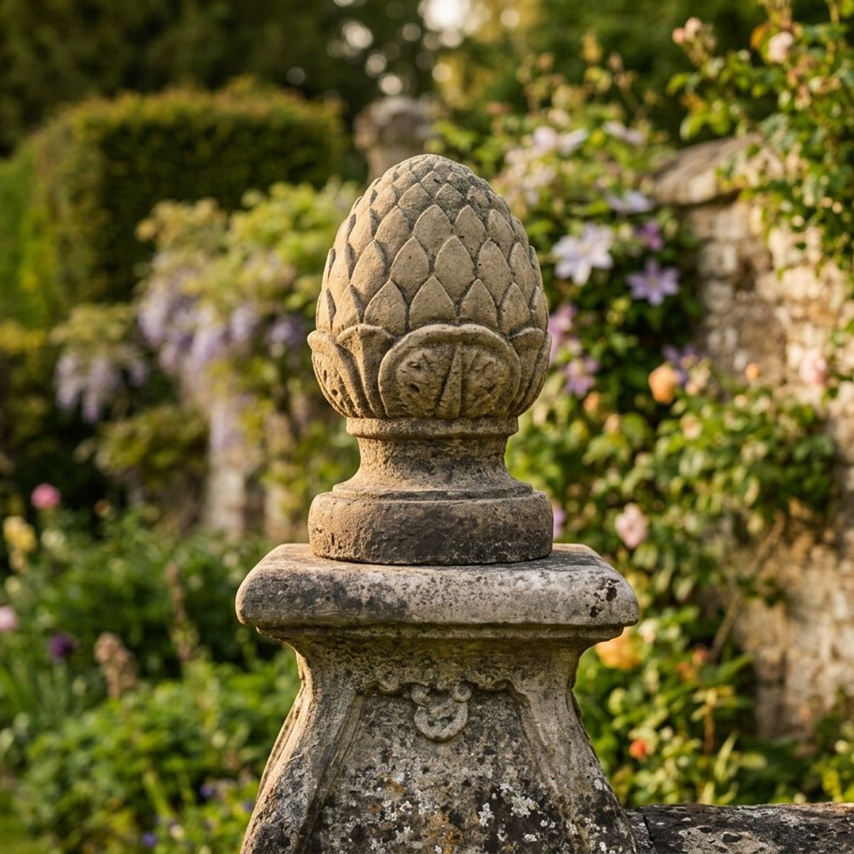 Fir Cone Stone Garden Finial on a stone pillar in a country garden