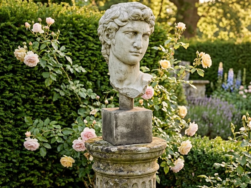Cotswold stone Bust of David garden statue on a stone plinth in a formal English garden