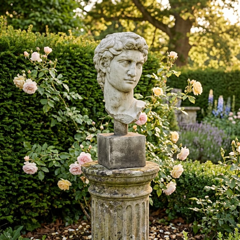 Bust of David garden ornament in Cotswold stone ideal for displaying on a stone garden pedestal