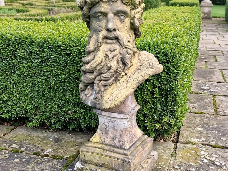 Hercules garden bust statue in reconstituted stone displayed on a Rococo pedestal in a formal English garden