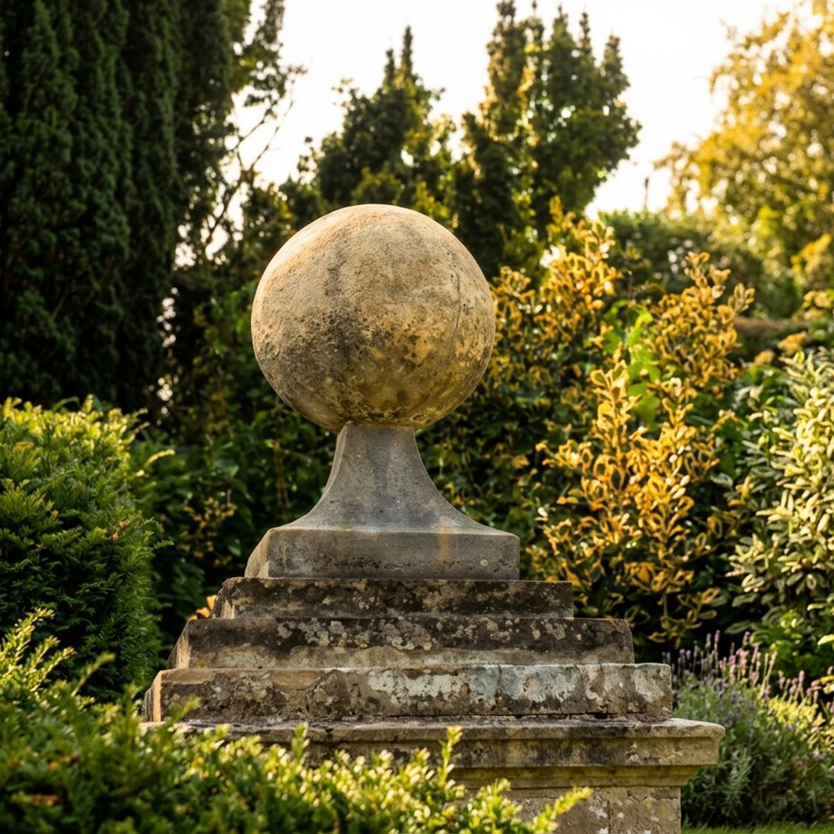Large Ball on Base Stone Garden Finial in a formal garden setting