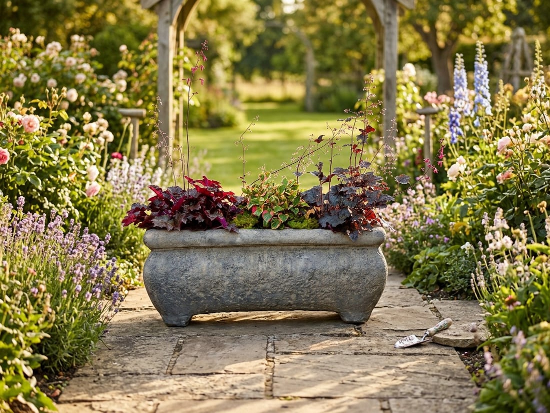 Cast-stone Catalan garden trough on a UK patio, suitable for lining as a container pond