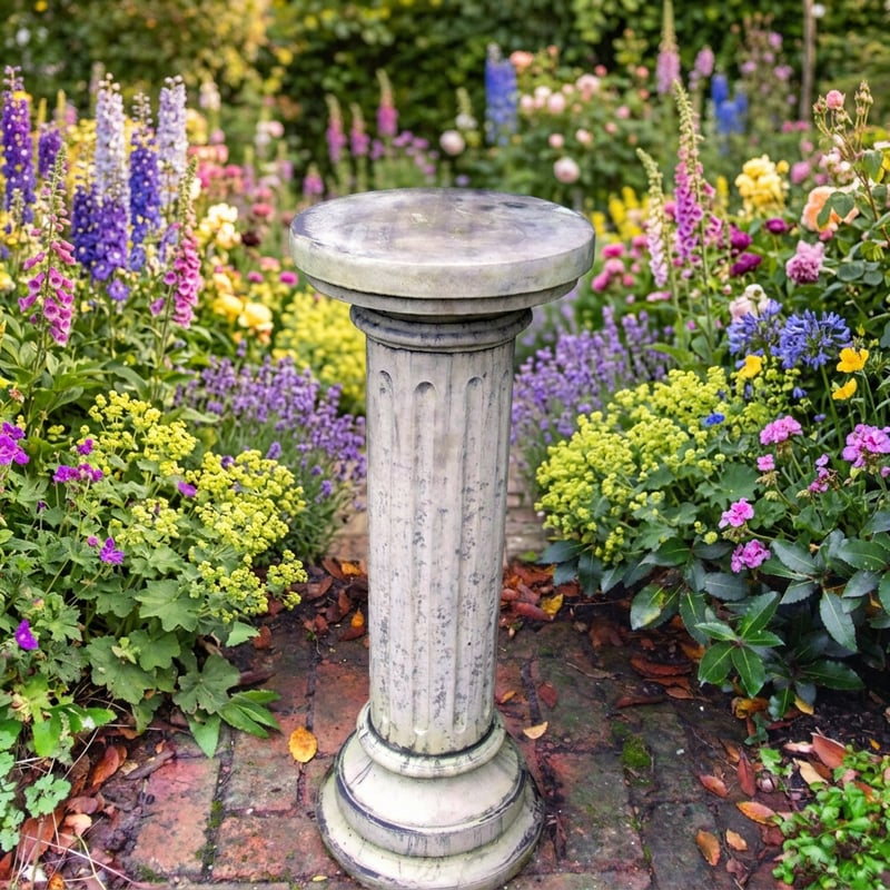 Brighton column stone garden pedestal in a formal garden with topiary hedging