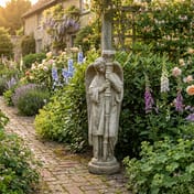 Fallen Angel Garden Statue in English Cottage Garden Setting