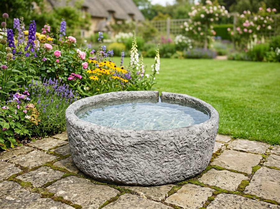 Small round stone garden reservoir used as a tsukubai-style basin in a UK Japanese garden