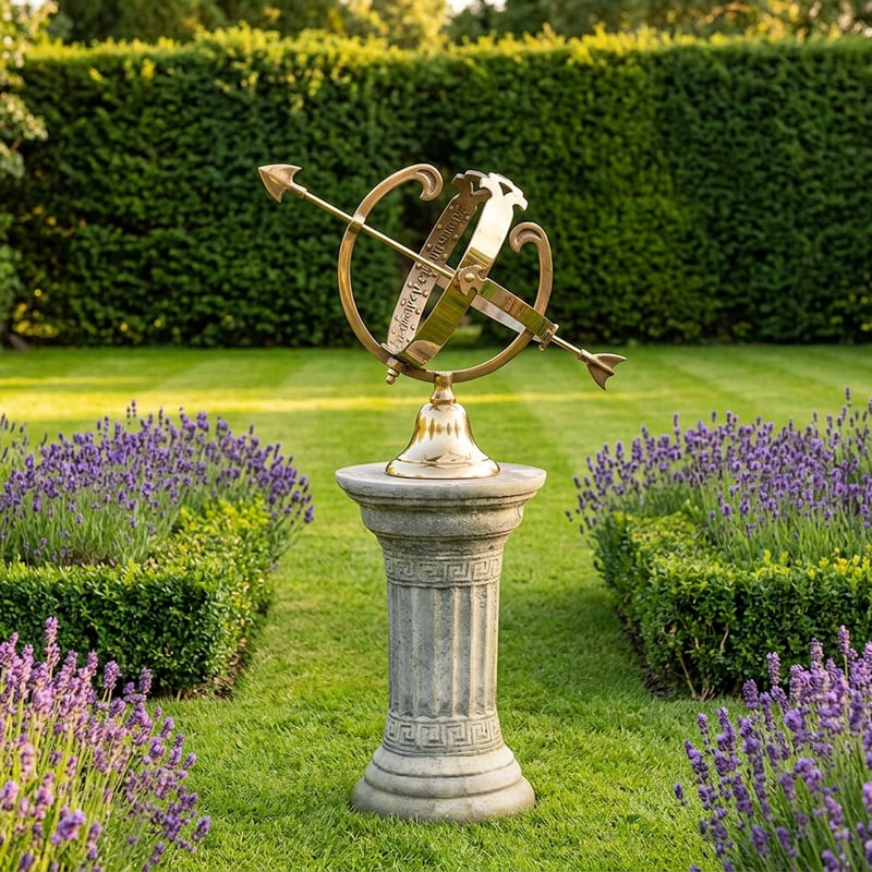 Brass armillary sphere on a classical stone pedestal in an Edwardian formal garden