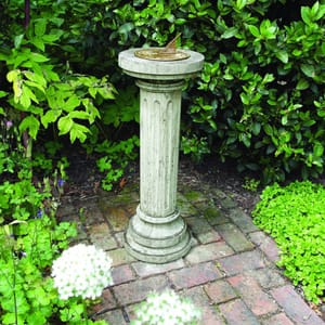 Aged Brass Sundial on Brighton Stone Garden Pedestal by Lucas Stone