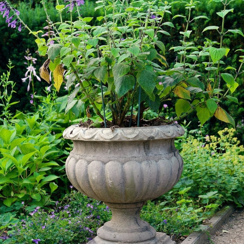 Buckingham stone garden urn with fluted detail beside an ornamental metal gate