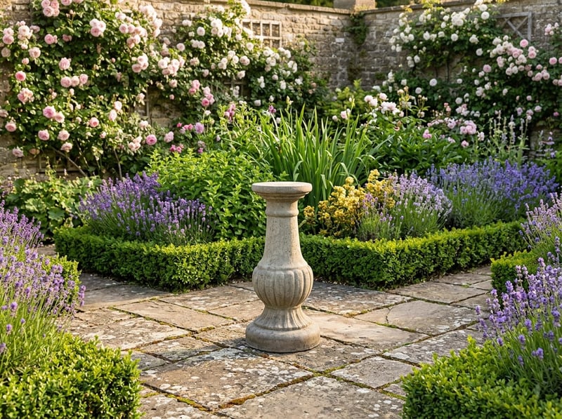 Victorian stone garden pedestal in a formal English garden with clipped box hedging