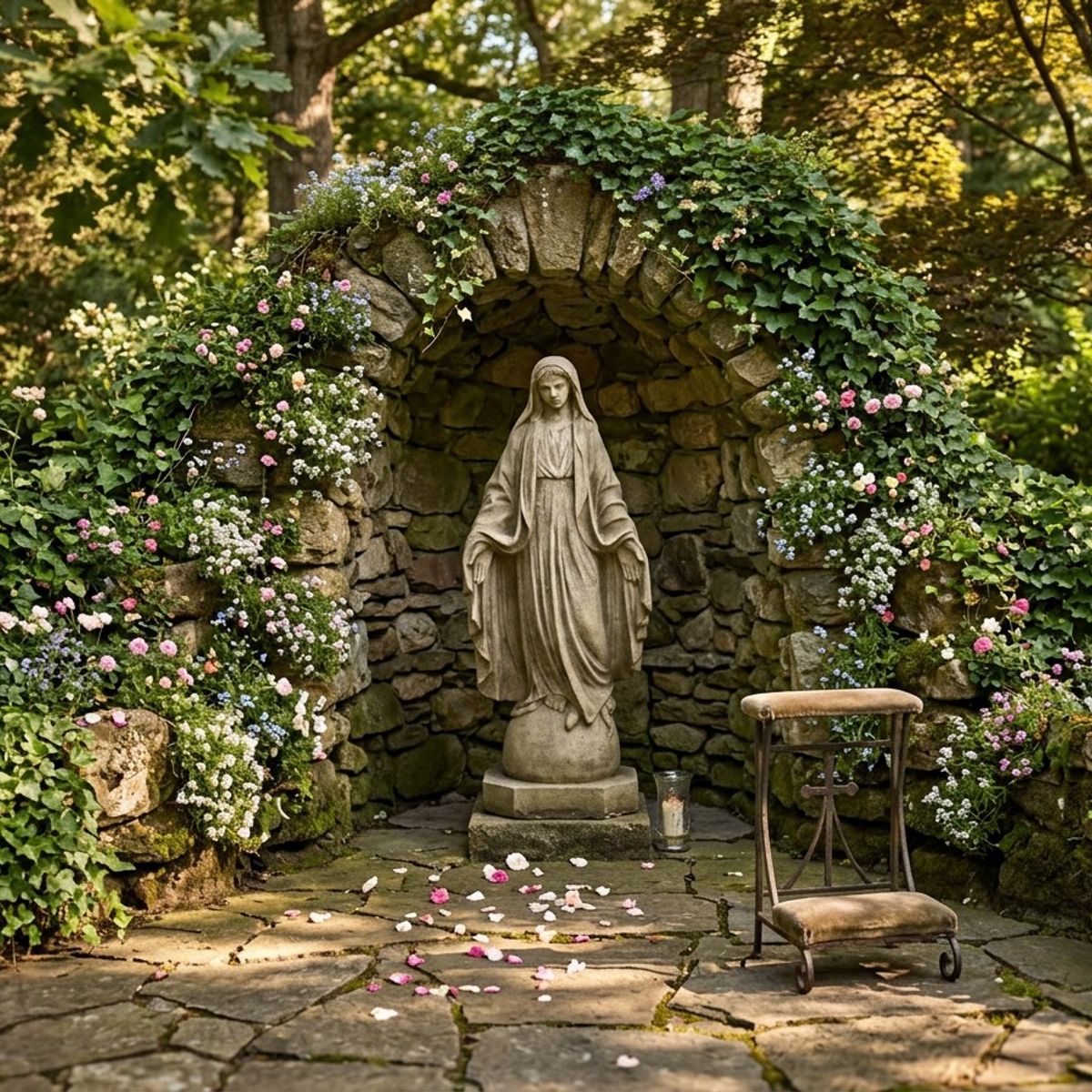 Virgin Mary garden statue positioned in a peaceful UK garden border