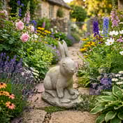 Cheeky Rabbit Garden Ornament in a Cottage Garden Setting
